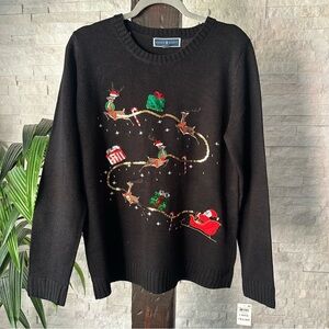 KAREN SCOTT Black Sequin Embroidered Christmas Holiday Sweater Size L NWT